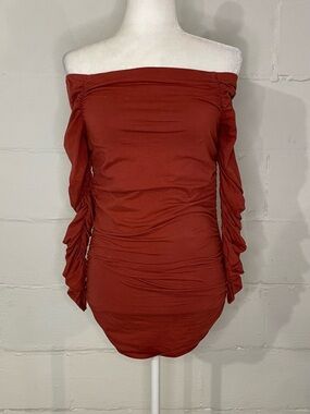 Anthropologie Off-Shoulder Ruched Long Sleeve Top - Brick Red